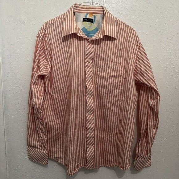 TED Baker Dress Shirt Mens XL Orange Striped Button Down 100% Cotton Preppy - Picture 1 of 11